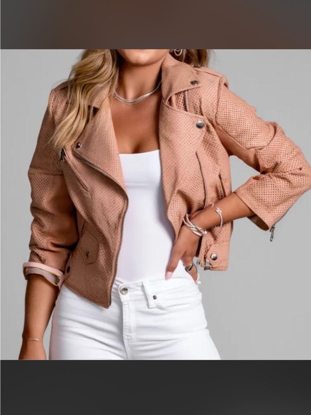 New Rebecca Minkoff Wes Perforated Lambskin Leather Biker Jacket $498 Blush